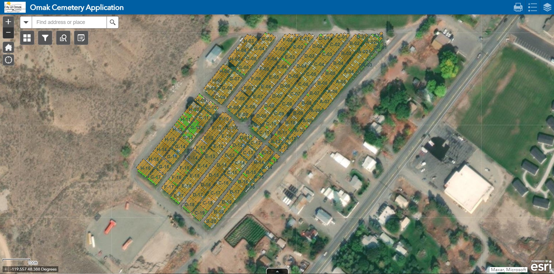 Screenshot of a cemetery web application showing an aerial view of different plots at Omak Cemetery.