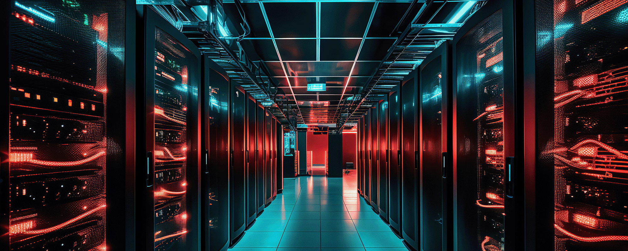 A modern data center with rows of illuminated server racks, glowing in red and blue lights. The scene emphasizes advanced technology and data processing capabilities.