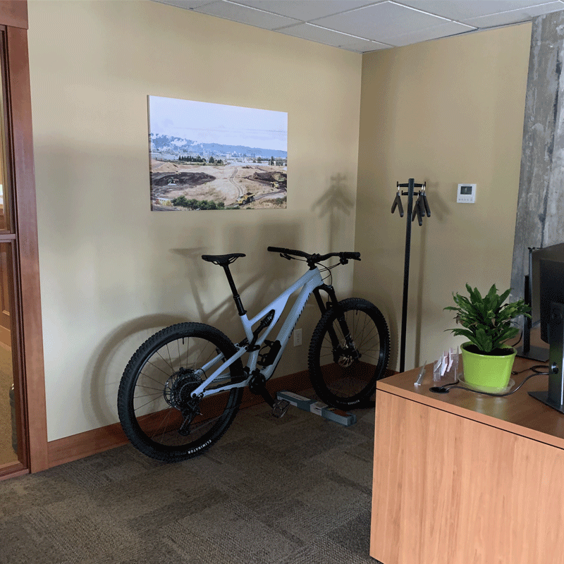 Bicycle in a room.