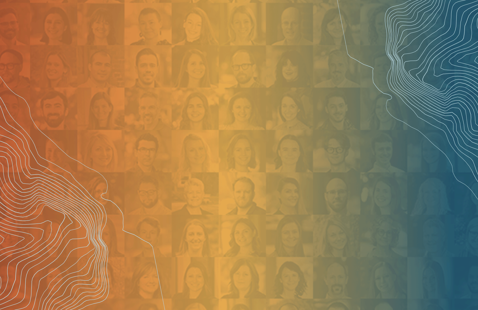 A grid of employee headshots behind a branded gradient texture