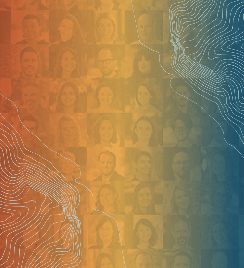 A grid of employee headshots behind a branded gradient texture