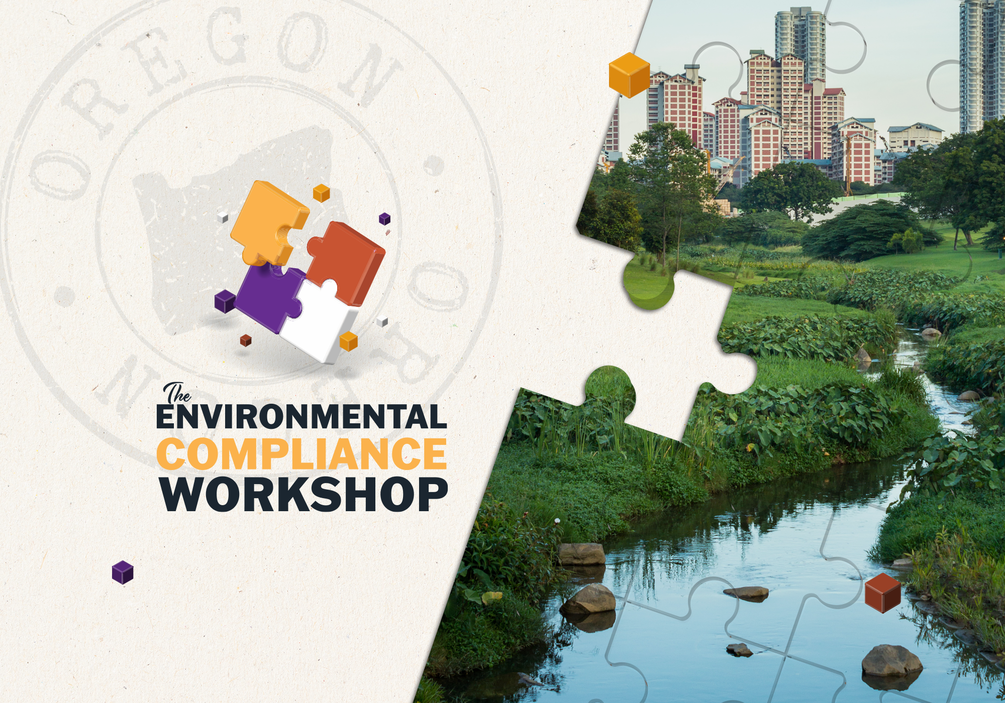 Graphic for 'The Environmental Compliance Workshop' with puzzle piece logo and a scenic river view beside it