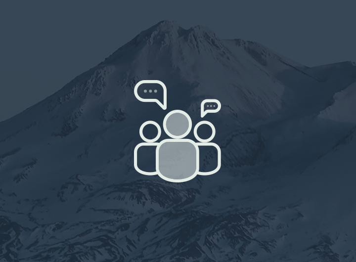 People with speech bubbles overlaid on a mountain background