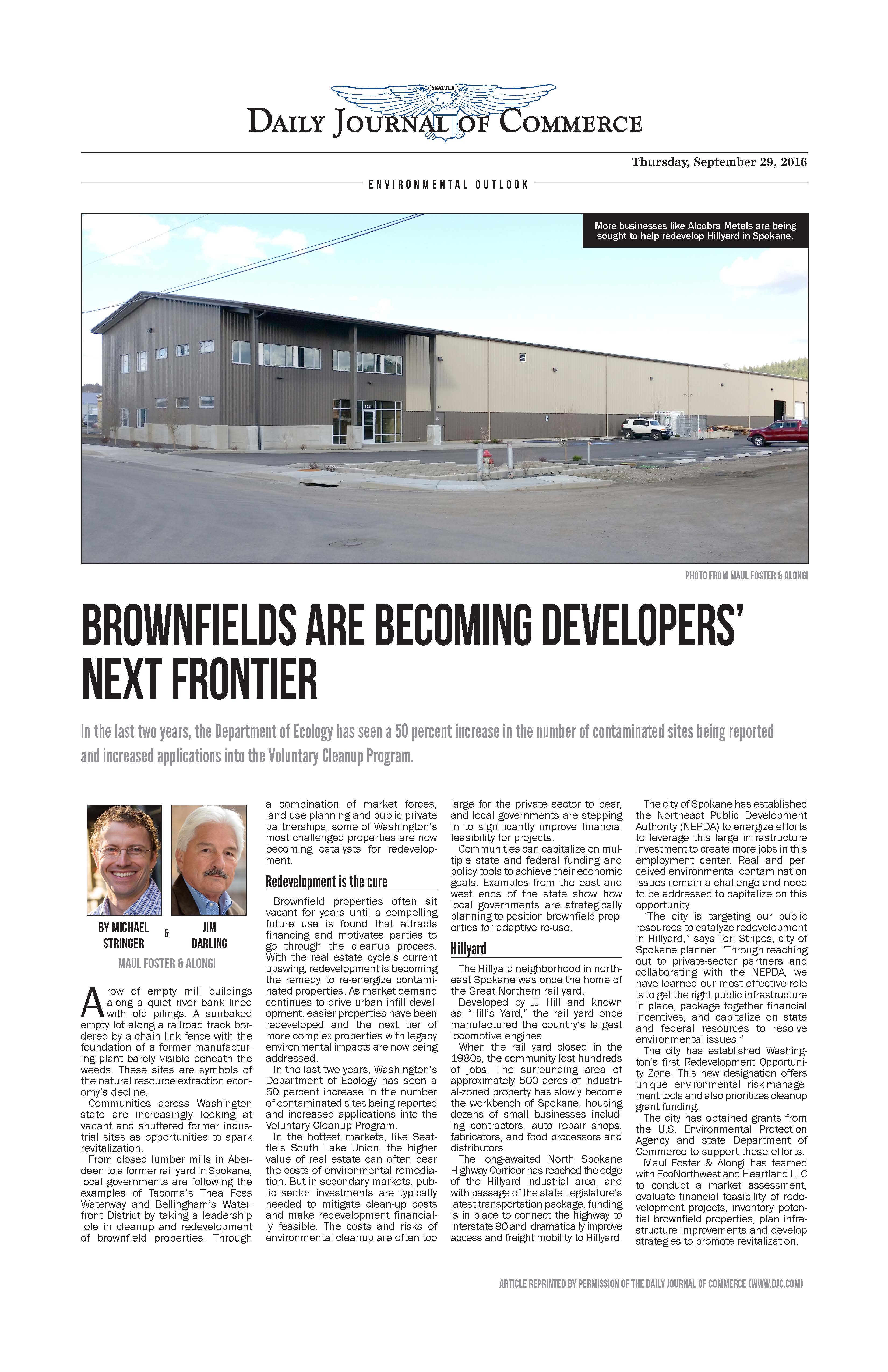 Image of the Daily Journal of Commerce article about Brownfields are becoming developers' next frontier.