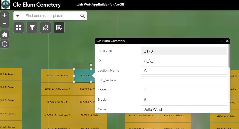 Image shows a field box above grave plots that allows users to edit the information saved in that plot.