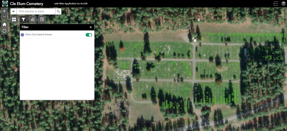 Screenshot of a cemetery web application showing an areal view of different plots at Omak Cemetery.