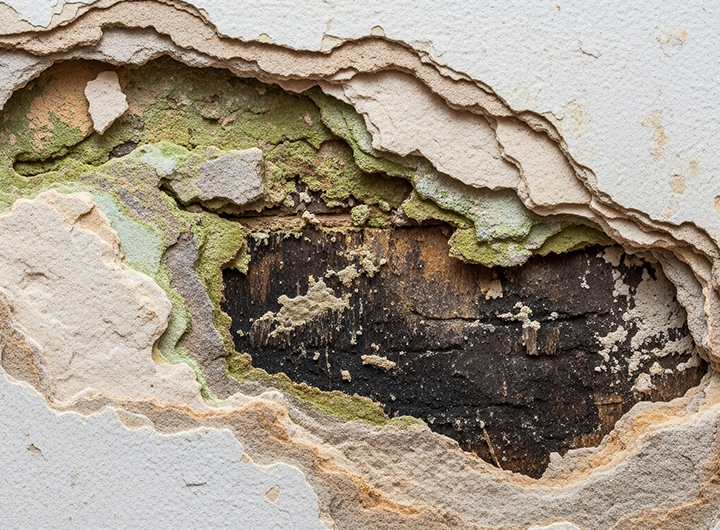 Peeling paint and deteriorated wall material exposing damaged substrate beneath