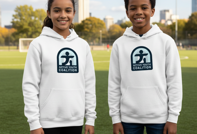 Two kids wearing white hoodies with the AYC logo
