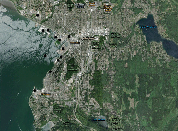 an interactive map of Bellingham Bay Cleanup Sites