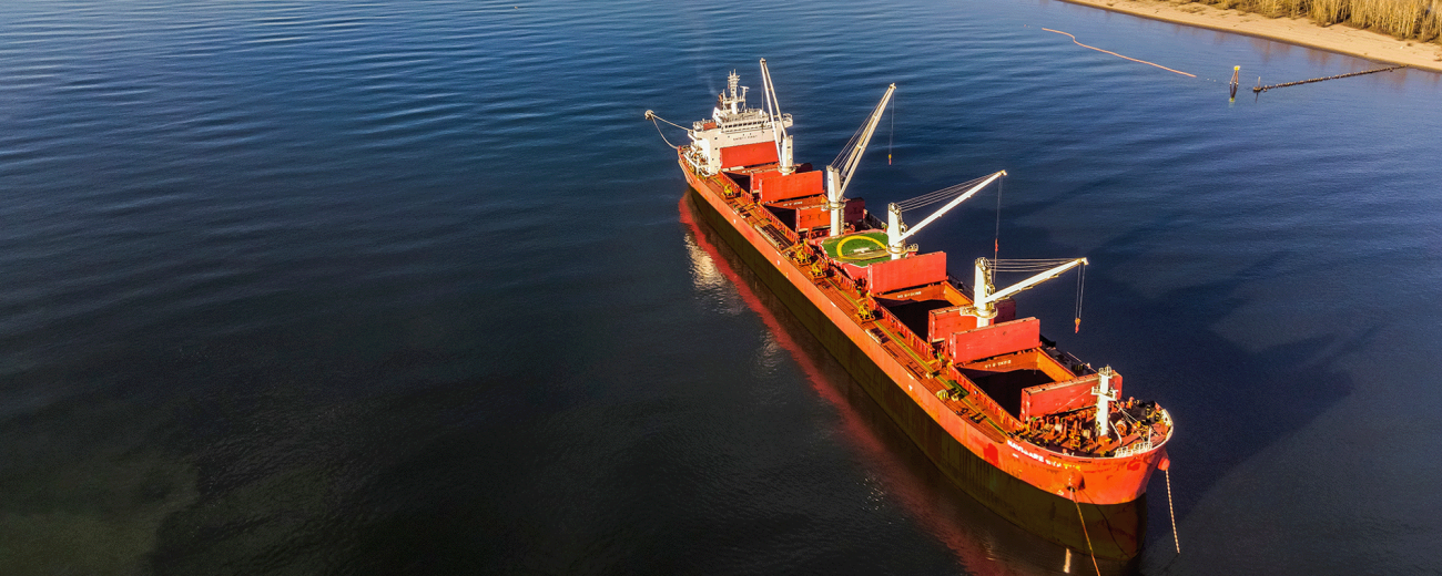 Ports. Aerial view of a large red cargo ship with cranes, sailing on a calm, wide river. The riverbanks are lined with fields and trees, with several other ships visible in the distance under a clear, blue sky.