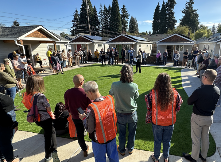 Ribbon-cutting for Community Roots Collaborative’s O Street property in Vancouver, WA on October 10, 2024. Phase I/II ESAs supported redevelopment into 20 affordable units, including seven two-bedroom tiny homes