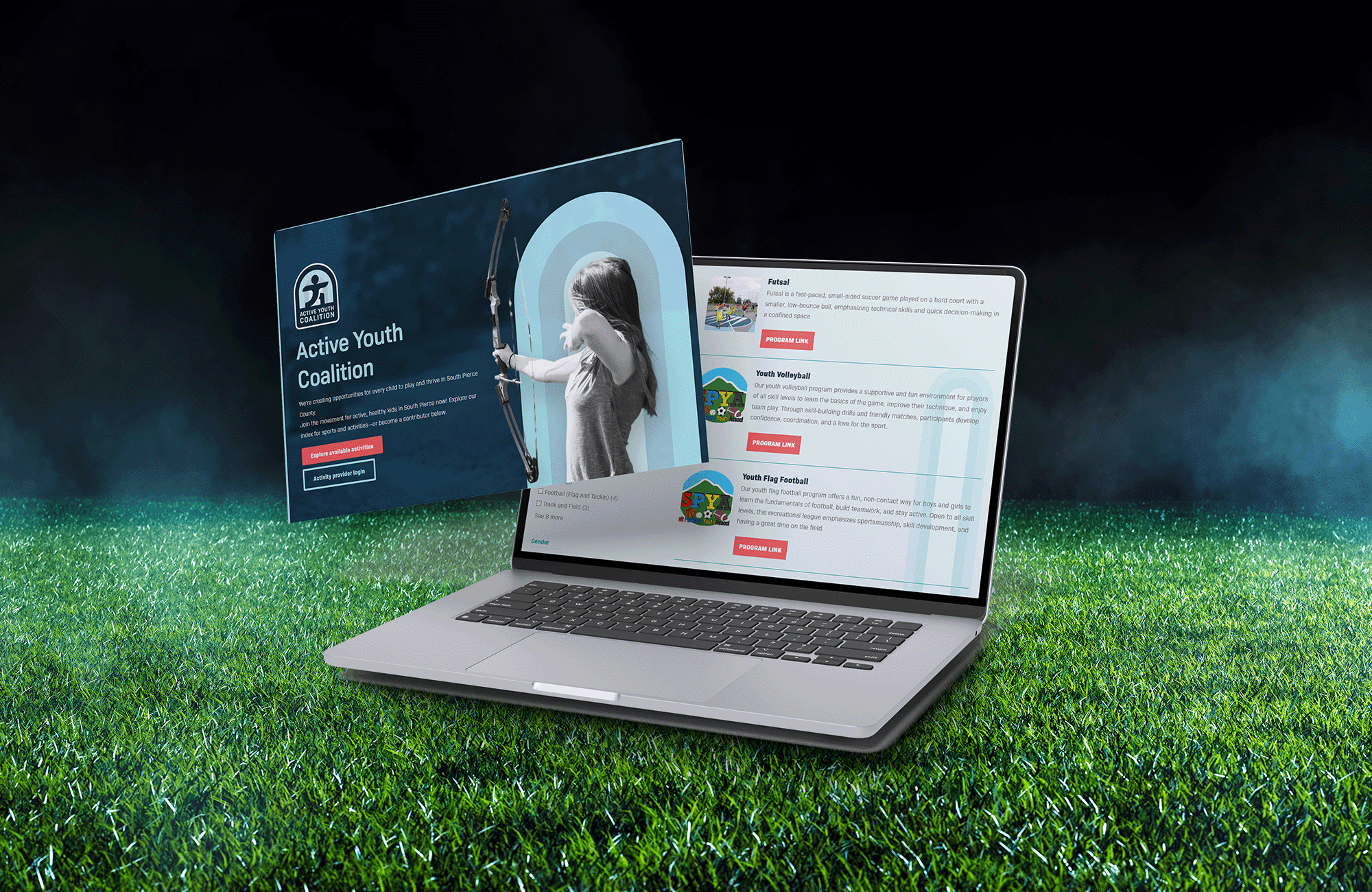 Pages from the AYC website design shown on a laptop with a sports field background